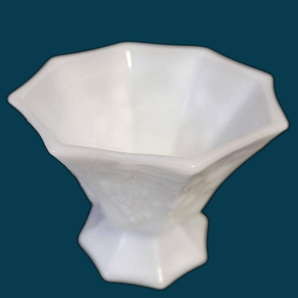 Vintage White Milk Glass Octagonal Footed Bowl Grape Leaf Pattern Pedestal 4.5in